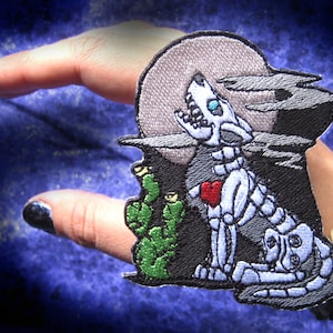 Skeleton Bone Coyote Howl with Cactus and Full Moon Iron on Patch