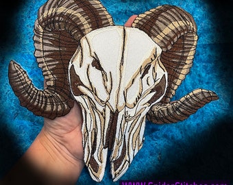 Huge Tan Ram Skull Patch: Western Big Horn Sheep Embroidered Applique