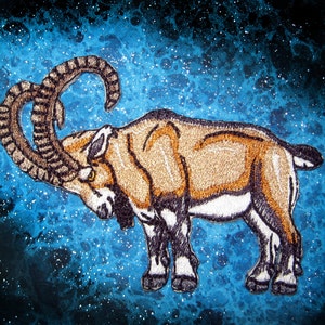 Könnte beinhalten: Gestickter Aufnäher einer braunen und weißen Bergziege mit gekrümmten Hörnern vor einem blauen und schwarzen Galaxie-Hintergrund.