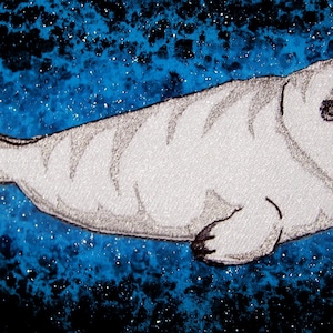 May include: A white seal with black eyes and whiskers is swimming in a blue and black starry background.