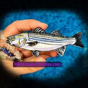 Puede incluir: Un parche bordado de un pez lubina rayada con detalles en hilo blanco, azul y negro. El pez tiene un patrón de línea lateral distintivo y aletas oscuras. El texto WWW.SpiderStitches.com está impreso en violeta en la sección inferior.