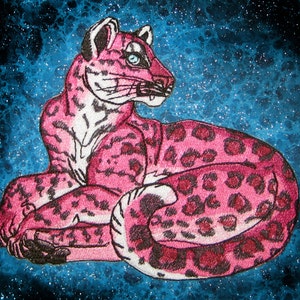 May include: A pink leopard with black spots is lying down on a blue background with white speckles. The leopard is looking to the right.