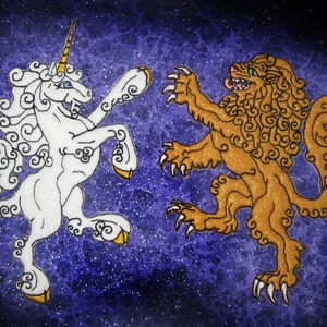 FELT Rampant Unicorn and Lion Heraldic Heraldry Iron on or Sew On Patch Pair medieval renaissance