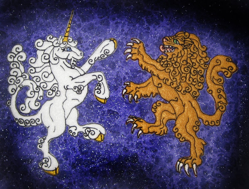 FELT Rampant Unicorn and Lion Heraldic Heraldry Iron on or Sew On Patch Pair medieval renaissance