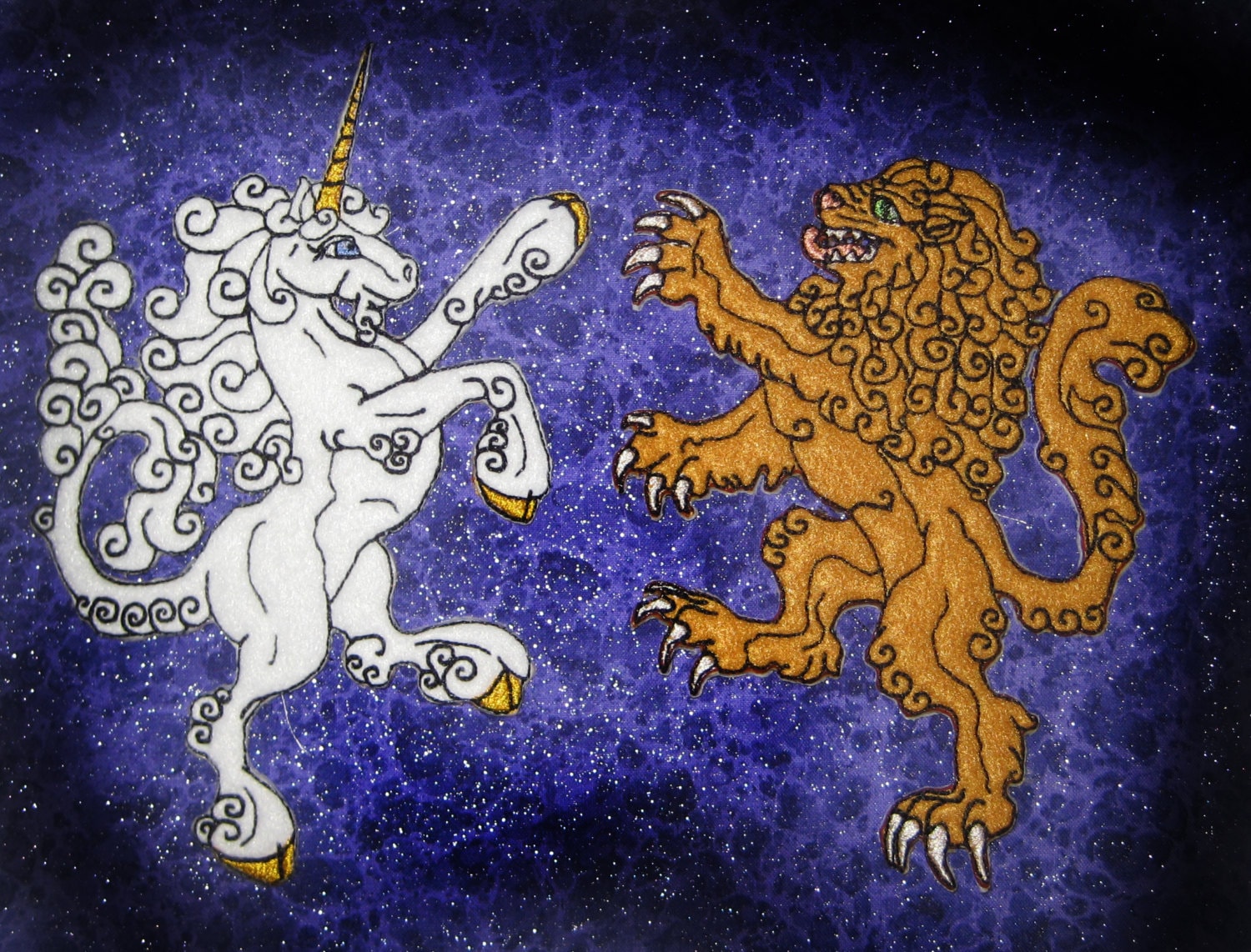 FELT Rampant Unicorn and Lion Heraldic Heraldry Iron on or