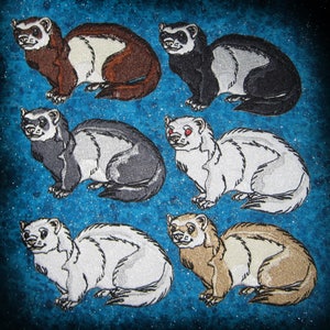 May include: Six embroidered ferret patches in various colors, including brown, black, gray, white, and tan. The patches are on a blue background with a glittery texture.