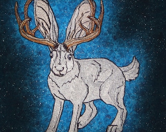 Huge Jackalope Iron on patch in Winter White