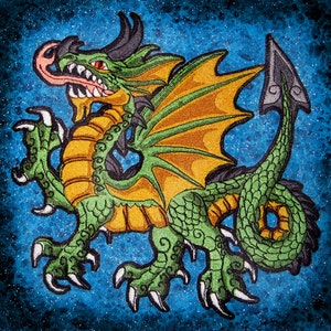 May include: A green and gold embroidered dragon with a long tail and wings. The dragon has a fierce expression and is set against a blue starry background.