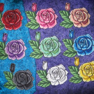May include: A collection of nine colorful rose illustrations, each with green leaves and a bud. The roses vary in color, including red, pink, peach, purple, teal, blue, black, white, and yellow, set against a textured blue and purple background.