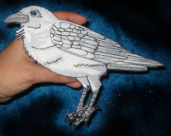 Awesome Huge White Spirit Raven Crow Black Bird  Iron ON Patch 100% embroidery