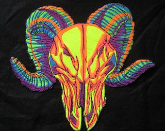HUGE NEON  Wicked Ram Skull Patch Iron on Patch or Sew on Pagen Punk Gothic Goth Patch