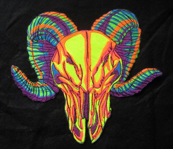 HUGE NEON Wicked Ram Skull Patch Iron on Patch or Sew on