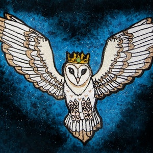 May include: A white barn owl with a gold and green crown, wings outstretched, flying against a blue and black starry sky background.