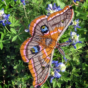 May include: A brown and pink embroidered moth with blue eyes, set against a background of green foliage and purple flowers.