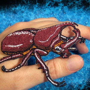 May include: A burgundy and white embroidered beetle patch with yellow accents. The patch is detailed with intricate stitching and features a realistic design of a beetle. The patch is shown on a hand against a blue background.
