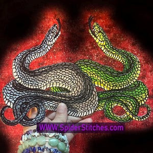 May include: A black and green embroidered snake patch with a detailed scale pattern. The patch is on a red background and features the text "WWW.SpiderStitches.com".