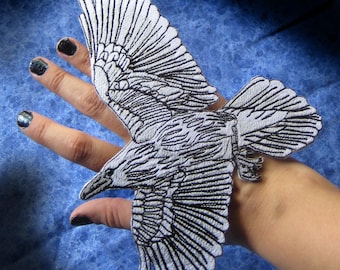 Awesome White Flying  Raven Crow Bird  Iron ON Patch
