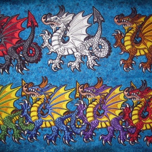 May include: Ten embroidered iron-on patches featuring colourful dragons with different wing and tail designs. The dragons are in various colours, including red, white, blue, green, yellow, and purple.
