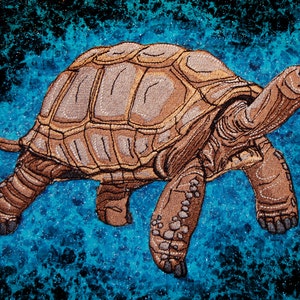May include: A brown tortoise with a textured shell is walking on a blue and black background. The tortoise has a long neck and head, and its legs are visible.