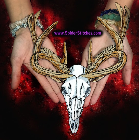 HUGE Tan Antlers Wicked Deer Stag Skull Patch Iron on Patch or Sew on Pagan Punk Gothic Goth Patch hunt hunting