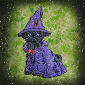 Cute Witch Black Pug  Dog Iron on Patch