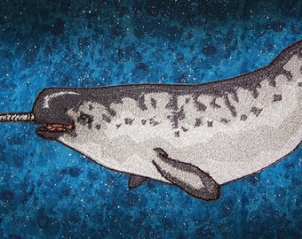 Pièce thermocollante brodée narval licorne baleine (11 pouces)