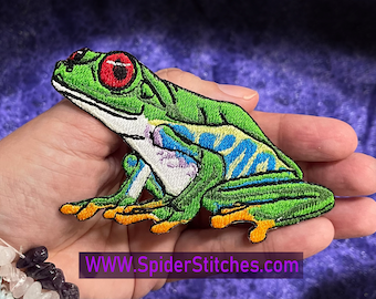 Red-Eyed Tree Frog Iron-On Patch: Embroidered Amphibian Applique