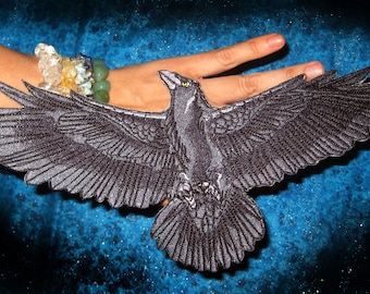 Huge Flying Raven Crow Wings Open Bird Iron on Patch