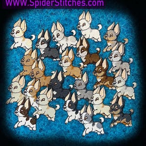 May include: Embroidered patches featuring a variety of Chihuahua dog designs in different colors, including tan, black, gray, and brown. The patches are arranged on a textured blue background. The website address "WWW.SpiderStitches.com" is displayed at the top.