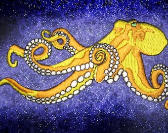 Huge Giant Octopus Octopie Jacket Back Iron on Patch Golden Yellow with Green eyes ready to ship