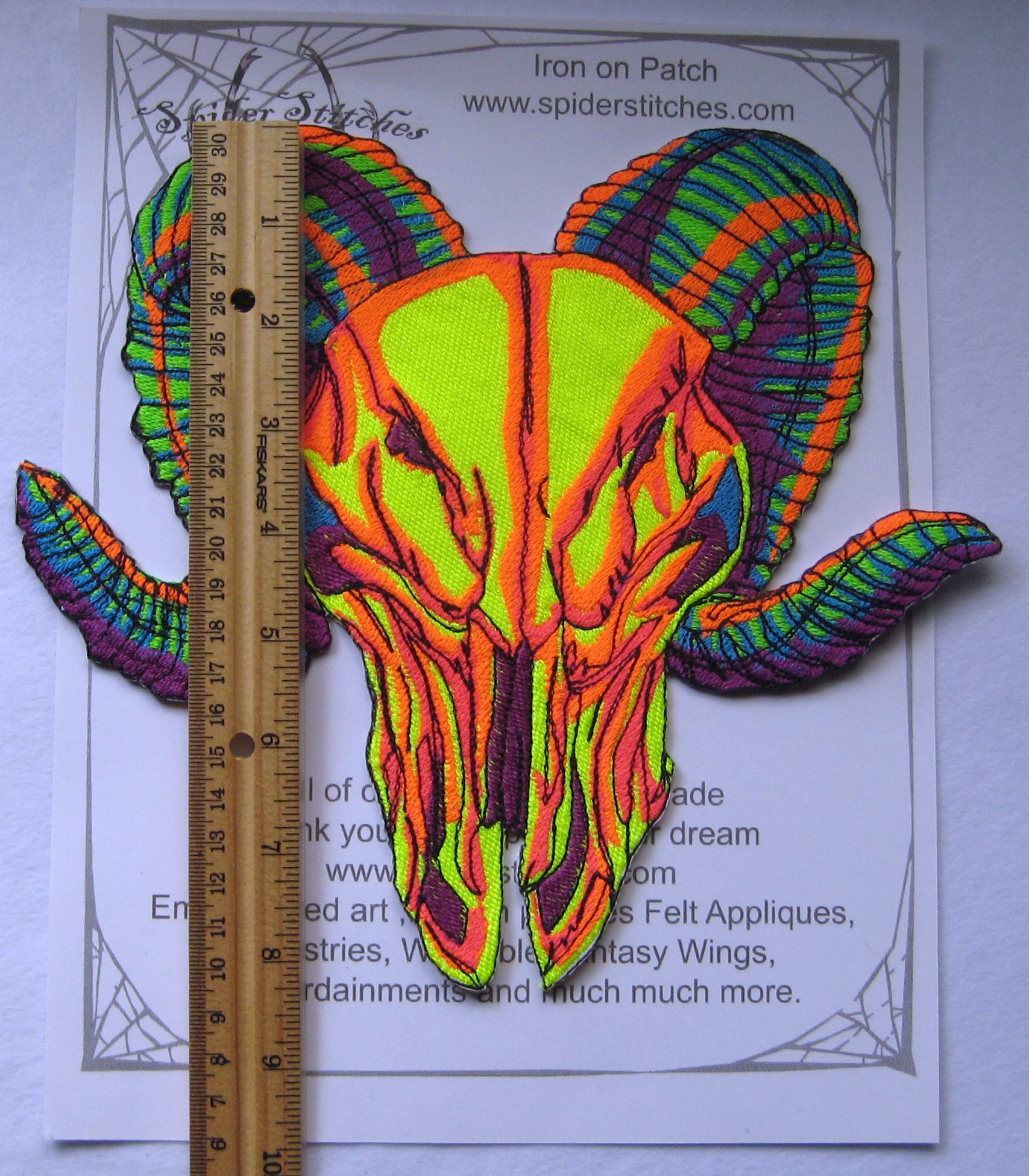 HUGE NEON Wicked Ram Skull Patch Iron on Patch or Sew on