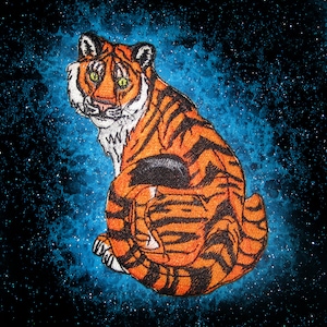 Può includere: Primo piano di una tigre ricamata arancione e nera seduta su uno sfondo stellato blu e nero.