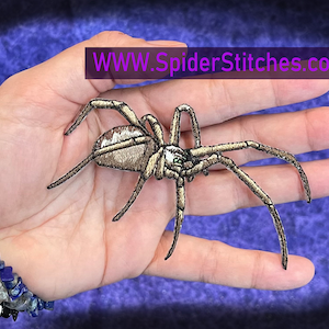 May include: A brown and white embroidered spider patch with eight legs. The patch is held in a person's hand. The text "WWW.SpiderStitches.com" is visible in the background.