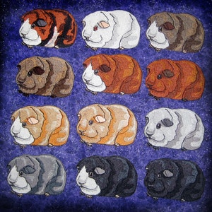 May include: A collection of 12 embroidered guinea pigs in various colors and patterns, including black, white, brown, gray, and orange. The guinea pigs are arranged in a grid pattern on a purple background with a glittery texture.