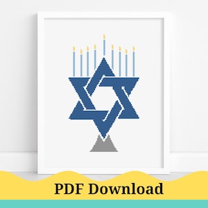 Star of David Menorah Cross Stitch Pattern, Home Decor Cross Stitch Pattern. Jewish Cross Stitch Pattern. PDF Instant Download!