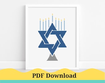 Star of David Menorah Cross Stitch Pattern, Home Decor Cross Stitch Pattern. Jewish Cross Stitch Pattern. PDF Instant Download!