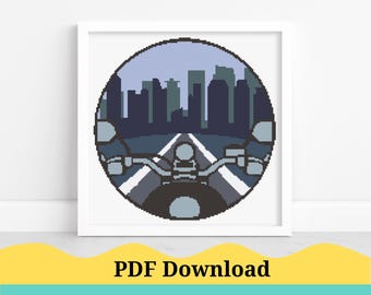 Motorcycle In The City Cross Stitch Pattern, Home Decor Cross Stitch Pattern. Motorcycle Bike Cross Stitch Pattern. PDF Instant Download!