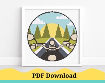 Motorcycle In The Forest Cross Stitch Pattern, Home Decor Cross Stitch Pattern. Motorcycle Bike Cross Stitch Pattern. PDF Instant Download!