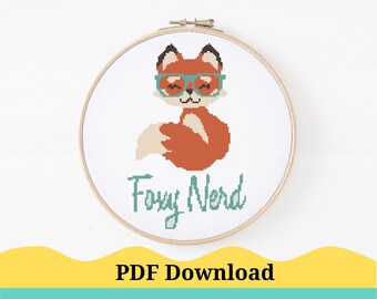 Korsstygnsmönster med Foxy Nerd. Roligt korsstygnsmönster. Sarkastiskt korsstygnsmönster. PDF direktnedladdning!