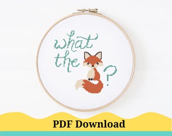 Korsstygnsmönster med "What The Fox". Roligt korsstygnsmönster. Sarkastiskt korsstygnsmönster. PDF direktnedladdning!