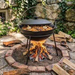 May include: A black cast iron cauldron with a lid and a metal handle, supported by three legs over an open fire. The pot contains a cooked meal of chickpeas, meat, and garlic bulbs. The fire is built within a circular brick fire pit.
