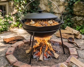 Marmite Kazan en fonte avec couvercle et support, wok de camping en plein air, équipement de cuisine pour feu de camp