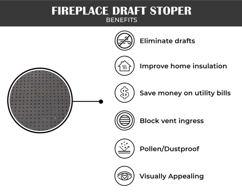 Draft Cover CUSTOM Fireplace Adhesive Screen, Fireplace Draft Cover With Grommets ...