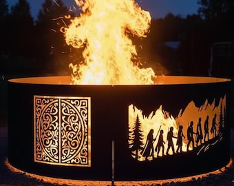 Revêtement extérieur du foyer Terre du Milieu, anneau de feu Silhouette de la communauté, oeuvre d'art en métal pour le jardin du Gondor et du Mordor