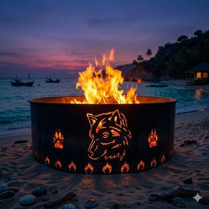 Puede incluir: Un brasero de metal negro con un diseño de lobo y huellas de patas cortadas en los lados. El brasero está lleno de leña ardiendo, con llamas que se elevan. El brasero está en una playa de arena al anochecer.