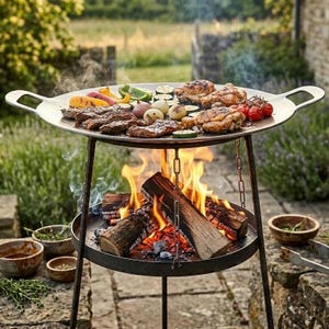 May include: A large, round, silver-colored metal cooking disc with two side handles, elevated on a tripod stand over a wood-burning fire. The disc holds grilled meat, sliced bell peppers, zucchini, onions, and cherry tomatoes.