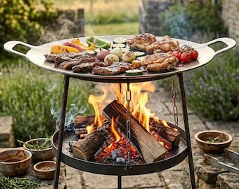 19" Heavy-Duty Steel Disc Grill Pan / Skillet with Removable Legs and Stand