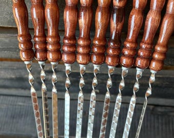 Ensemble de brochettes pour barbecue en acier inoxydable : manche en bois, robuste (4/6/8/10/12/14 pièces)