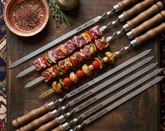 Juego de brochetas de acero inoxidable para barbacoa personalizadas de 25" con mango de madera y grabado personalizado
