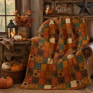 Herbstliche Patchwork-Tagesdecke | Karomuster mit herbstlichem Kürbis- und Blumenmuster
